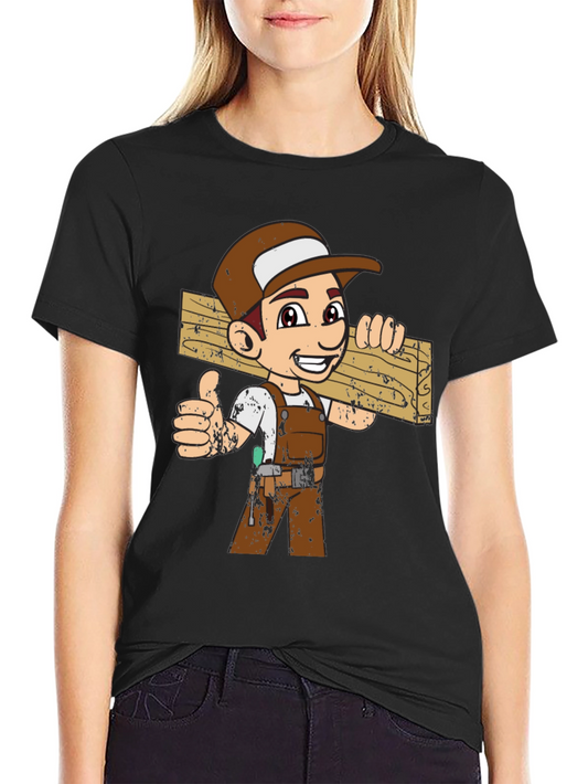 Cartoon Carpenter Graphic Tee - Black Cotton Blend