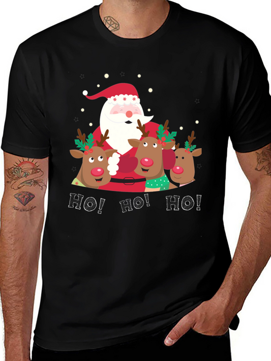 Santa and Reindeer Ho Ho Ho Black Christmas T-Shirt
