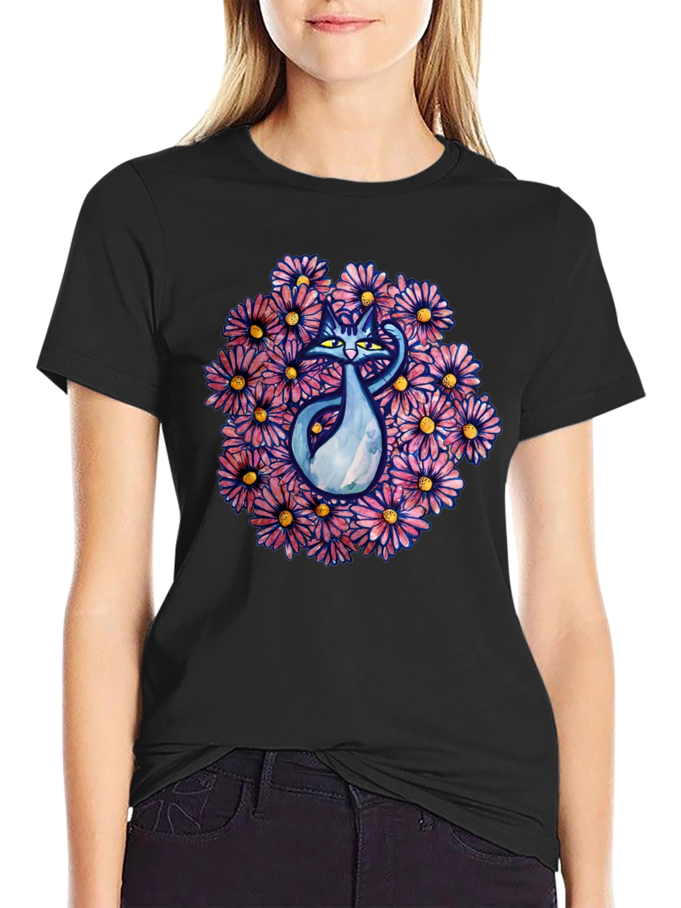 Black T-Shirt with Cat and Floral Design