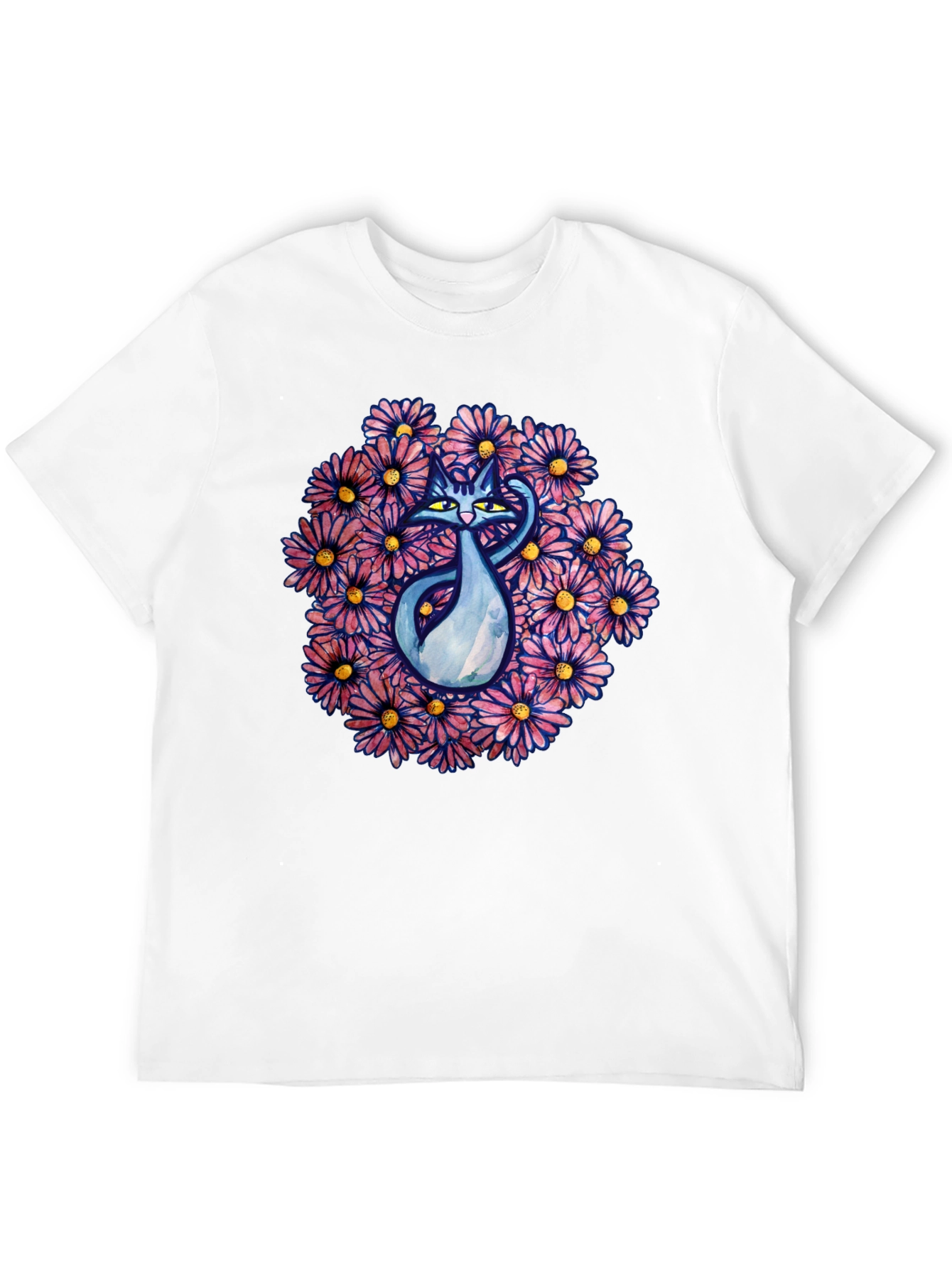 Black T-Shirt with Cat and Floral Design