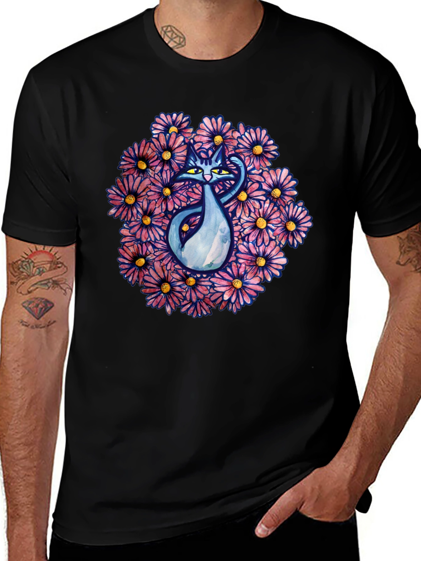 Black T-Shirt with Cat and Floral Design