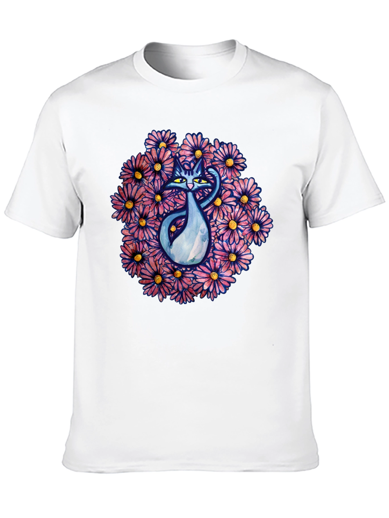 Black T-Shirt with Cat and Floral Design