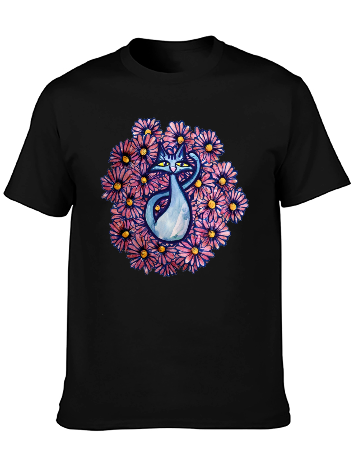 Black T-Shirt with Cat and Floral Design