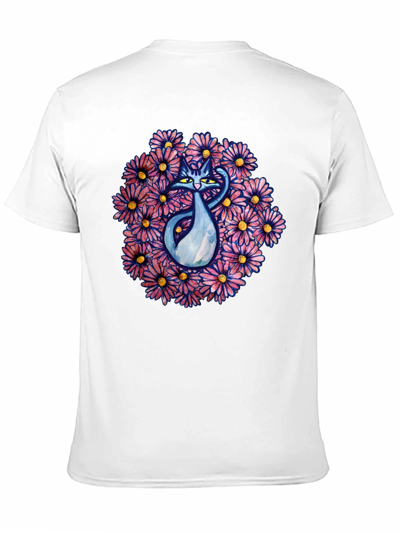 Black T-Shirt with Cat and Floral Design