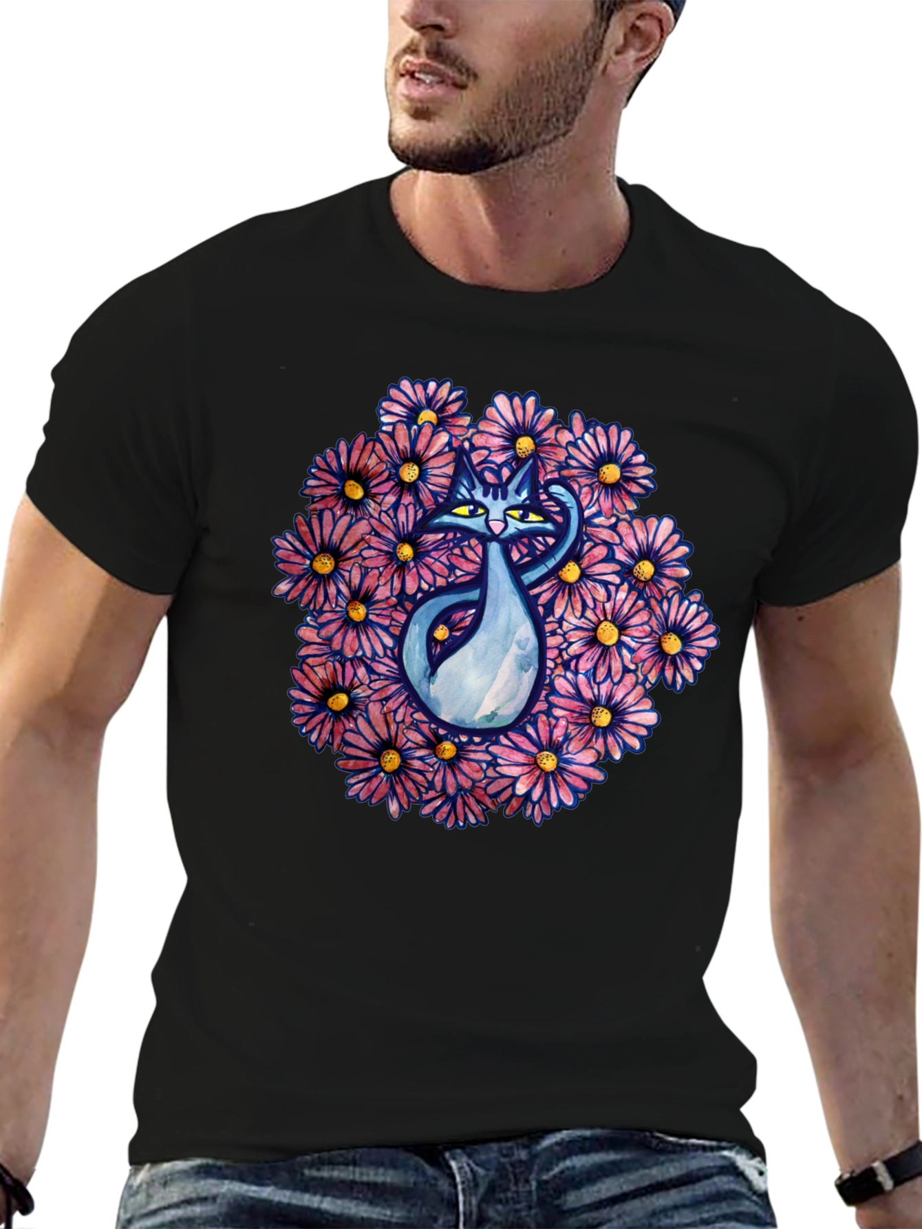 Black T-Shirt with Cat and Floral Design