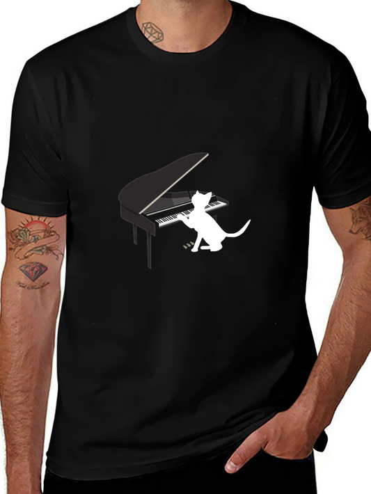 Cat Playing Piano Graphic Tee - Black