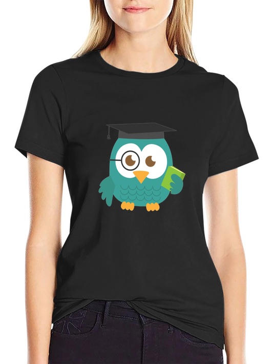 Whimsical Owl Professor Graphic Tee - Black