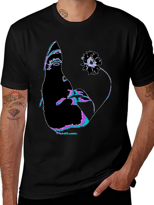 Abstract Face & Flower Graphic Black T-Shirt