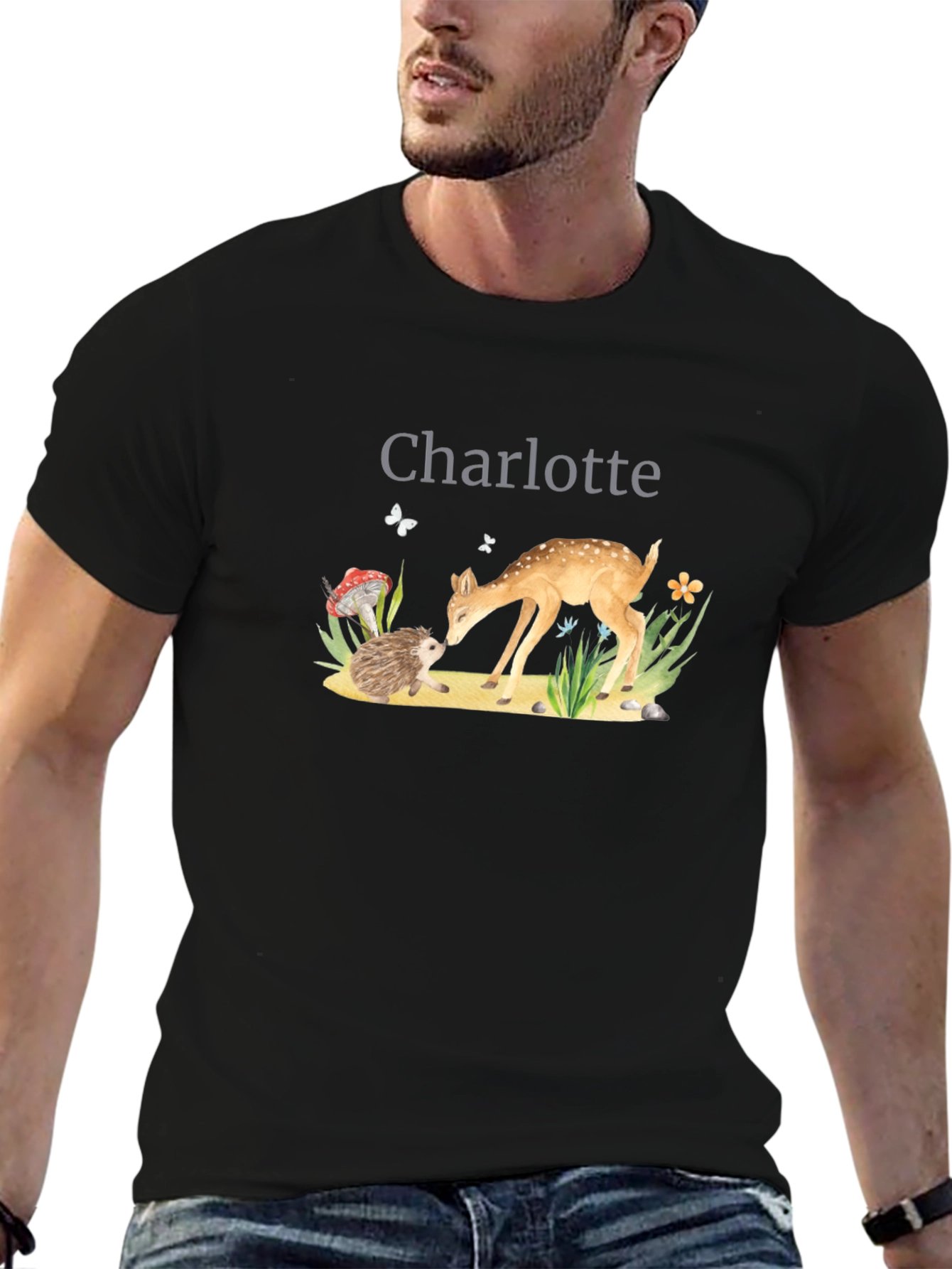 Charlotte Deer & Hedgehog Black T-Shirt