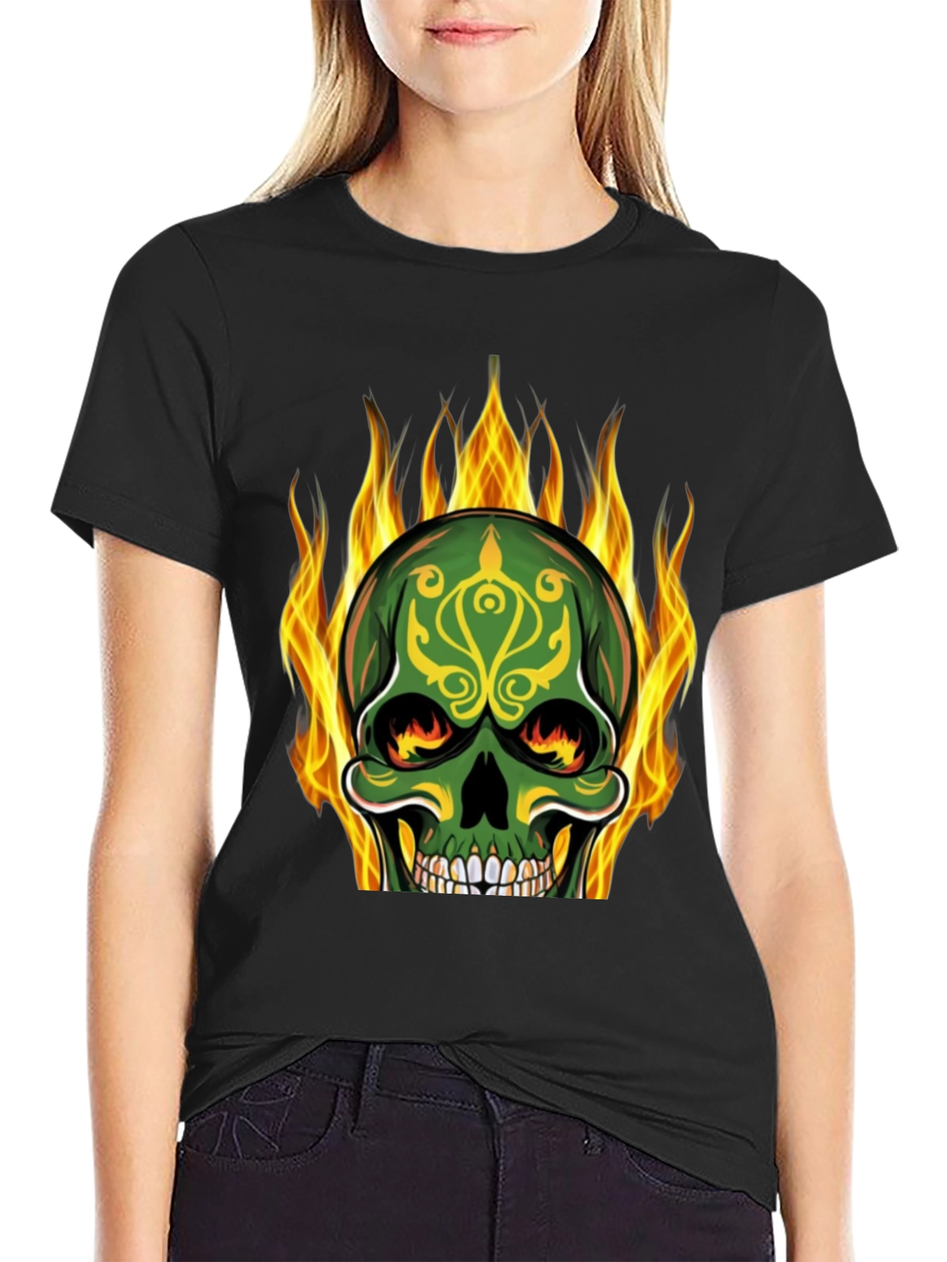 Flaming Skull Graphic Tee - Black Cotton T-Shirt