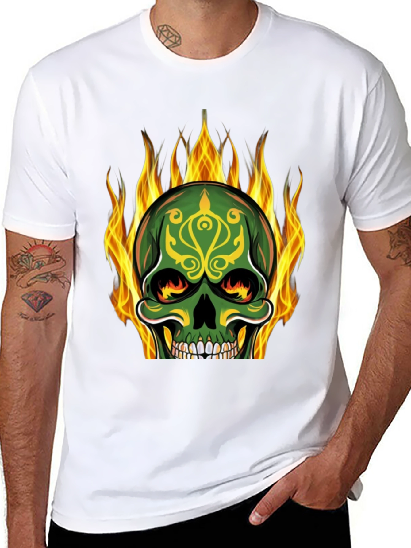 Flaming Skull Graphic Tee - Black Cotton T-Shirt