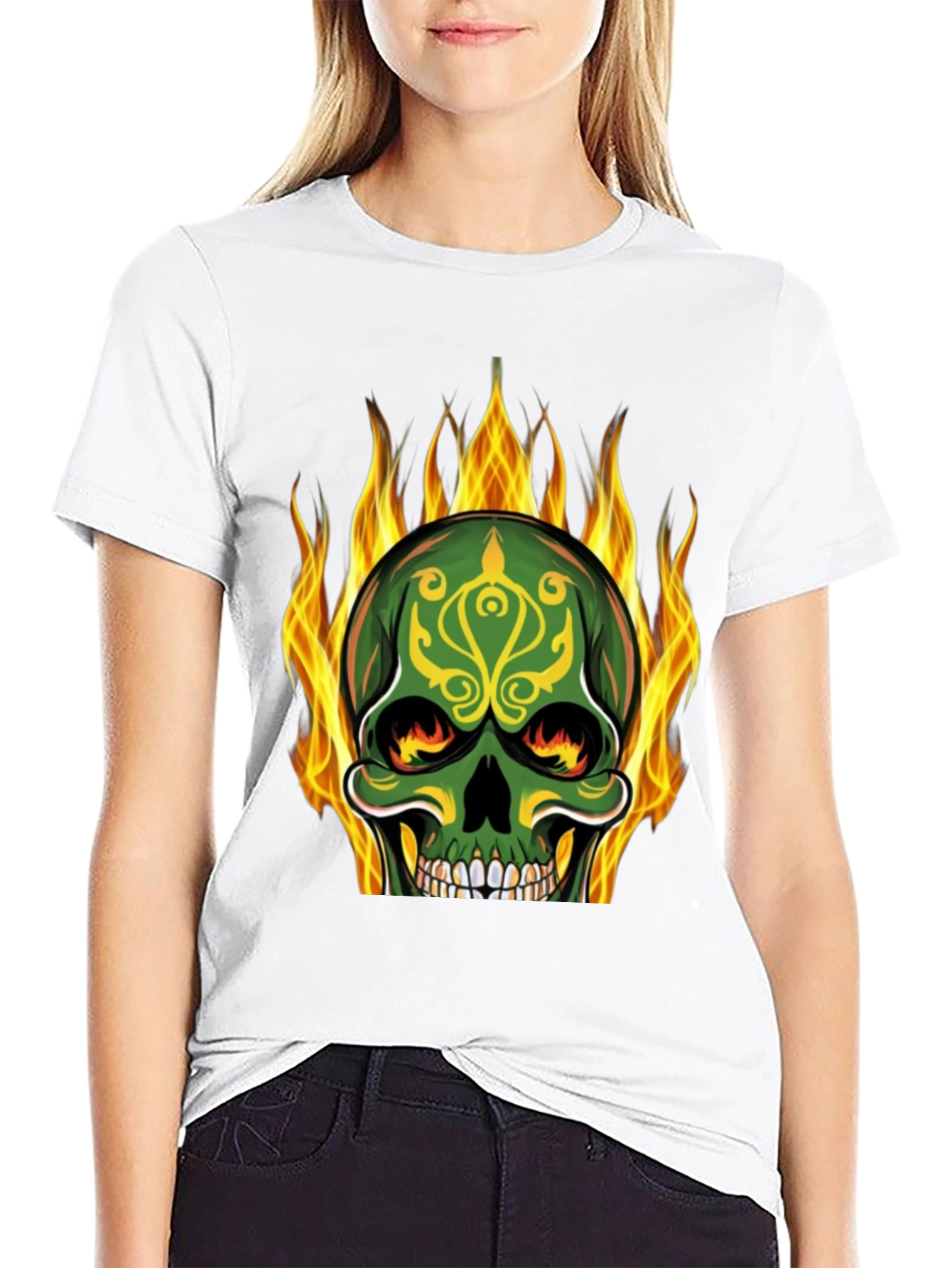 Flaming Skull Graphic Tee - Black Cotton T-Shirt