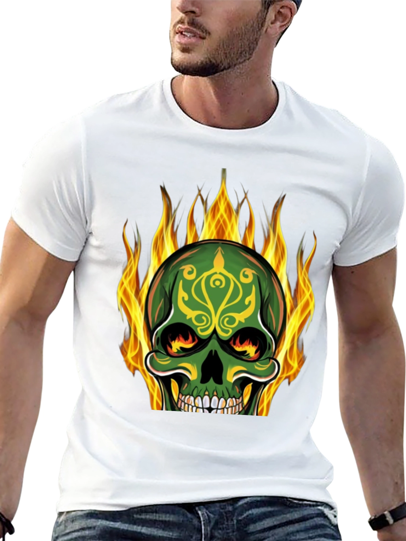 Flaming Skull Graphic Tee - Black Cotton T-Shirt