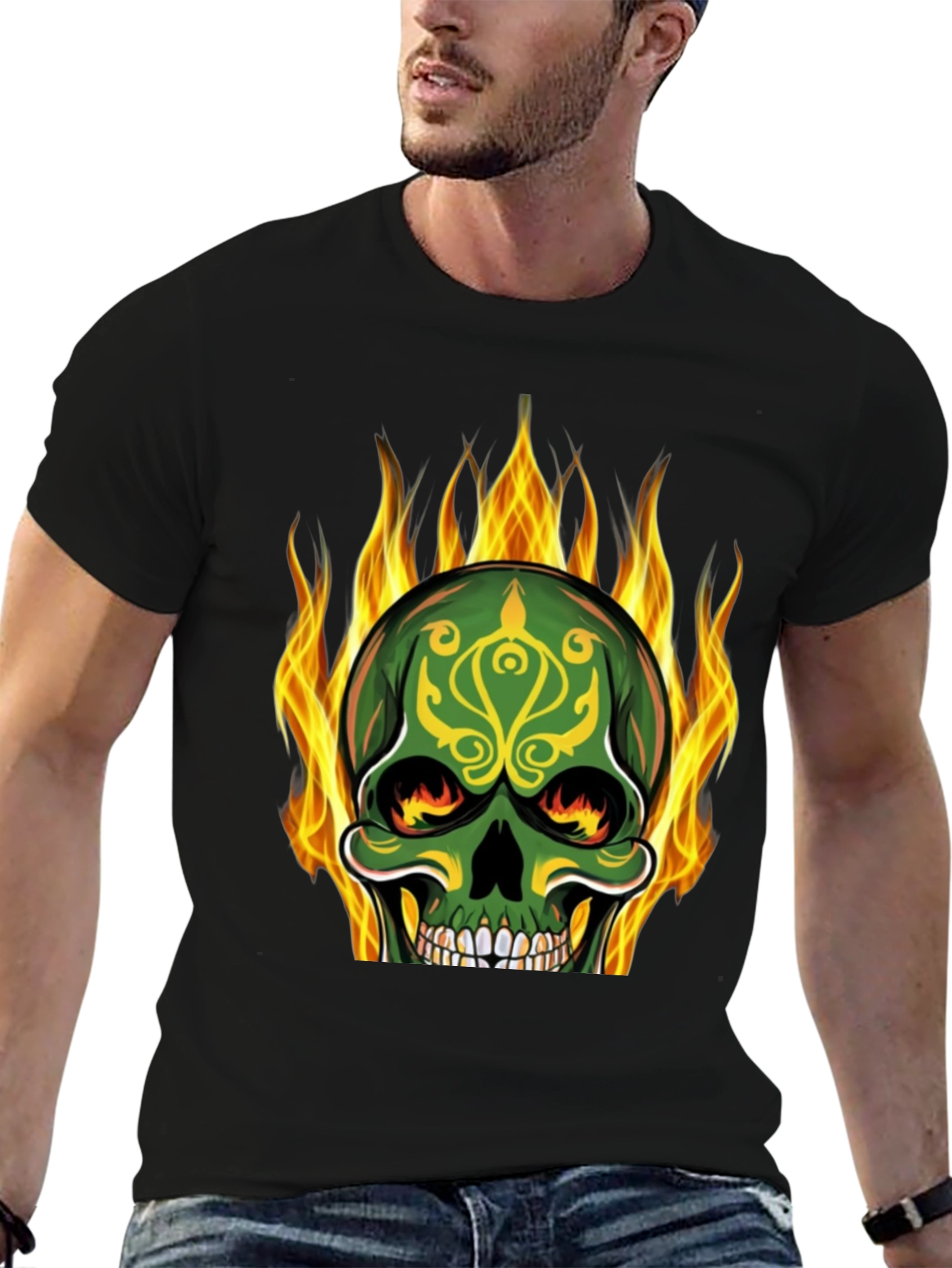 Flaming Skull Graphic Tee - Black Cotton T-Shirt