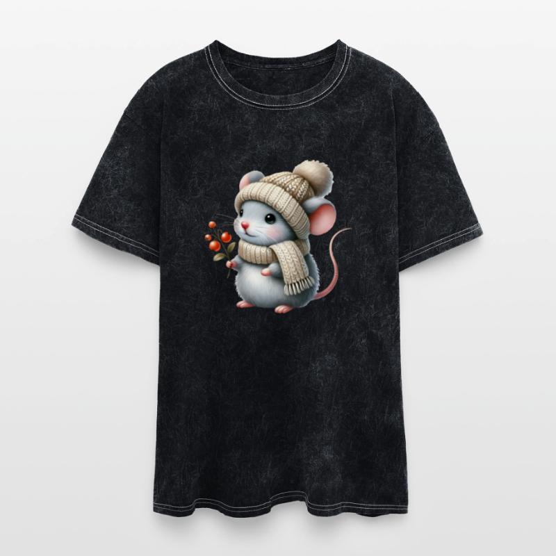 cute mouse with a knitted hat, scarf and berries