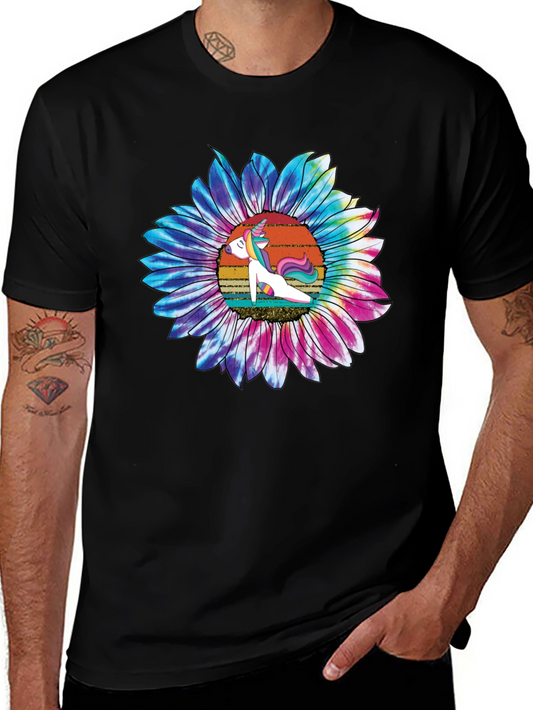 Unicorn Sunflower Graphic Tee - Casual Black T-Shirt