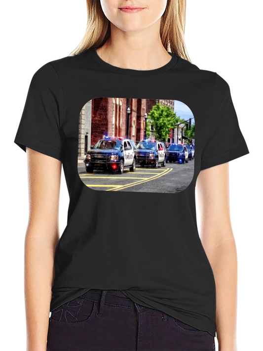 Police Car Parade Graphic Black T-Shirt