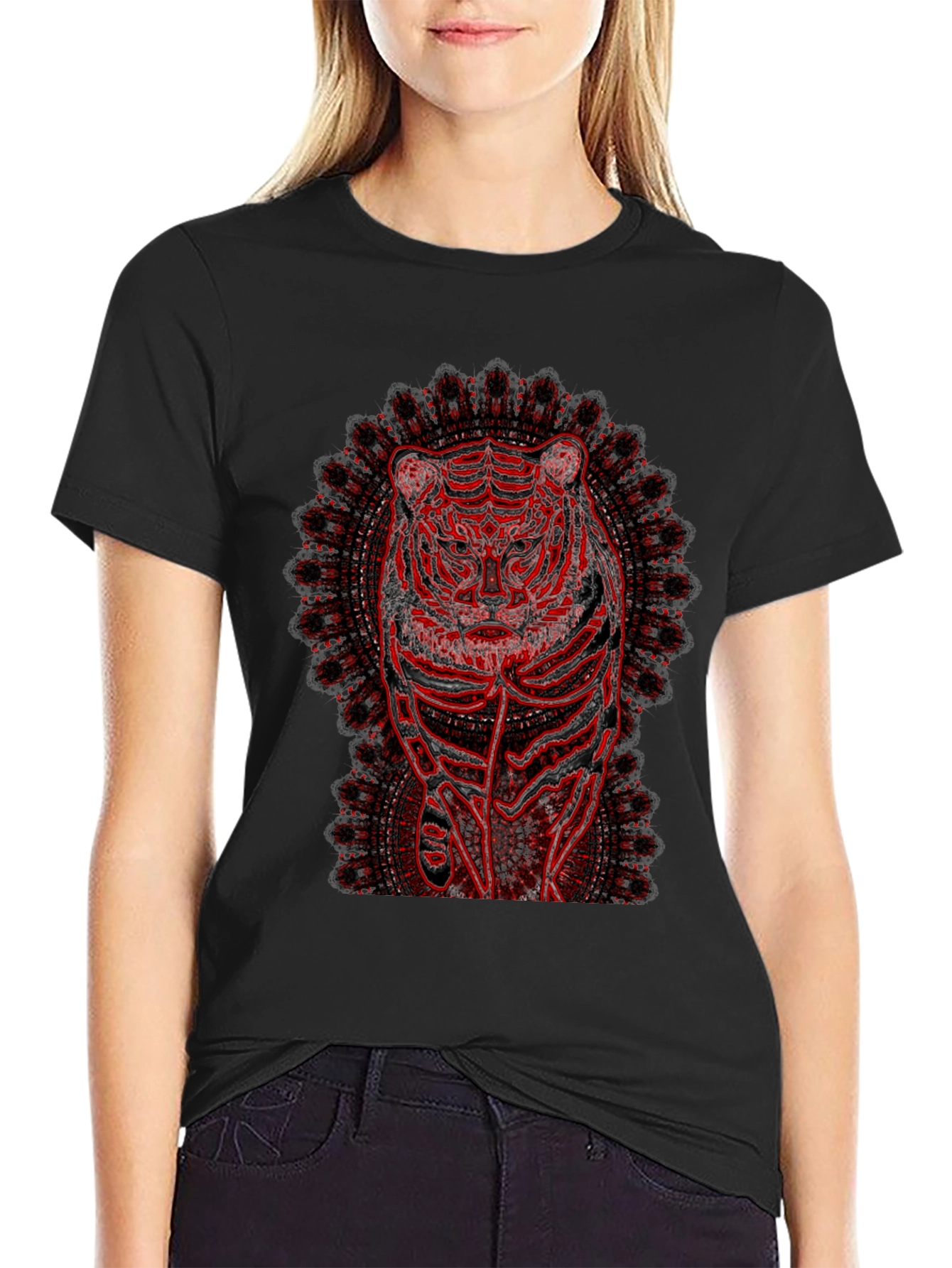 Red Tiger Mandala Graphic Black T-Shirt