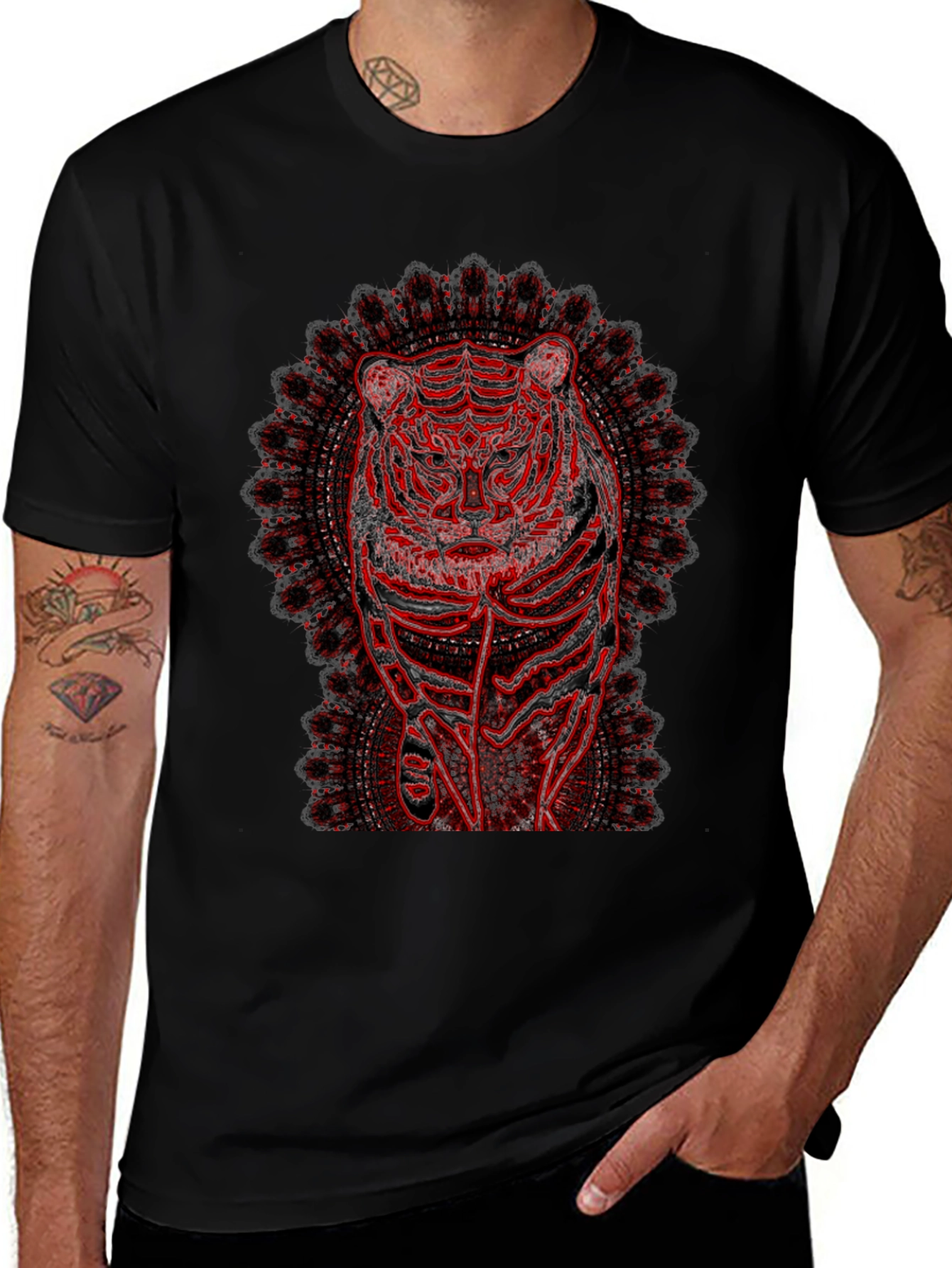 Red Tiger Mandala Graphic Black T-Shirt