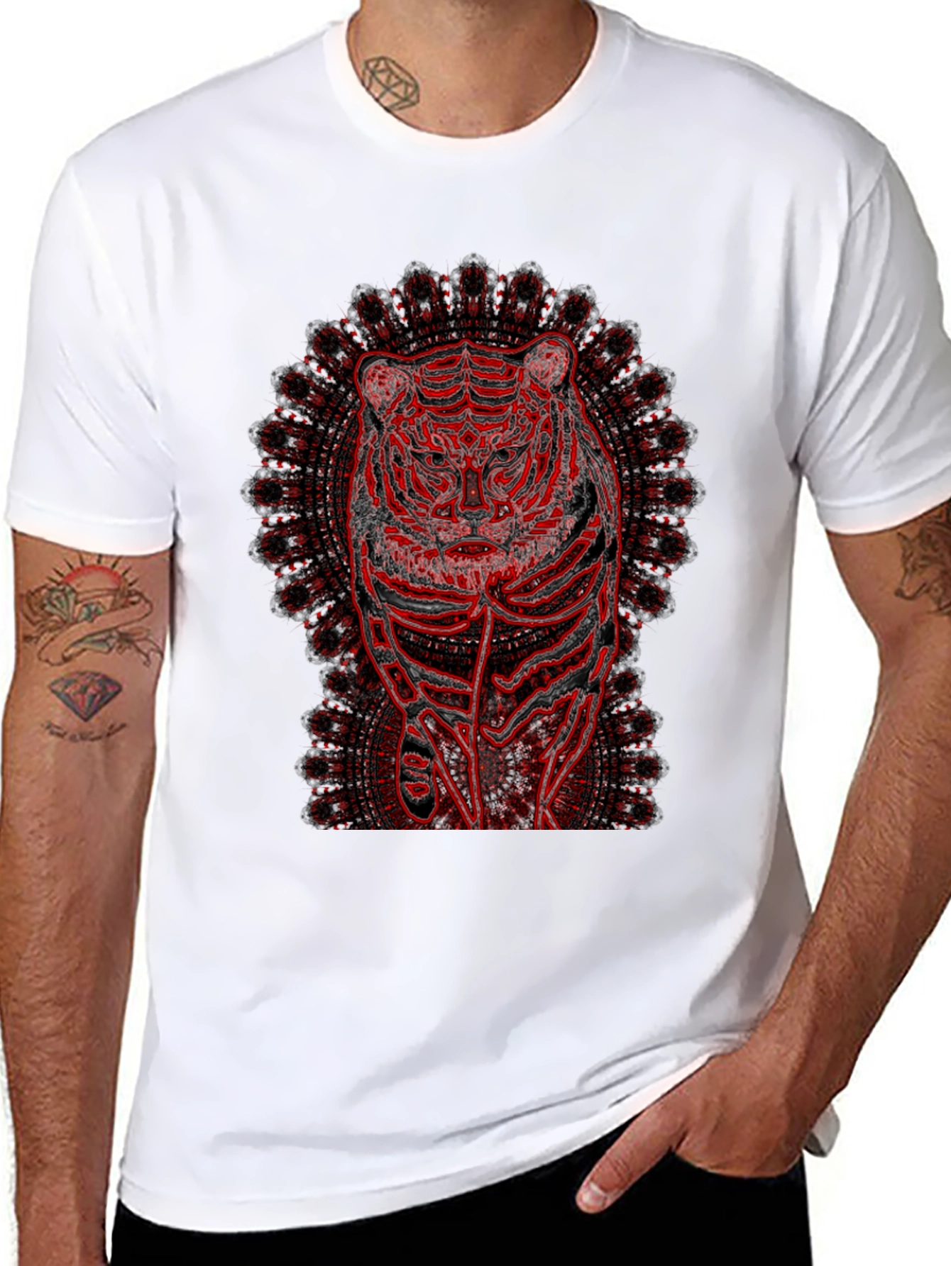 Red Tiger Mandala Graphic Black T-Shirt