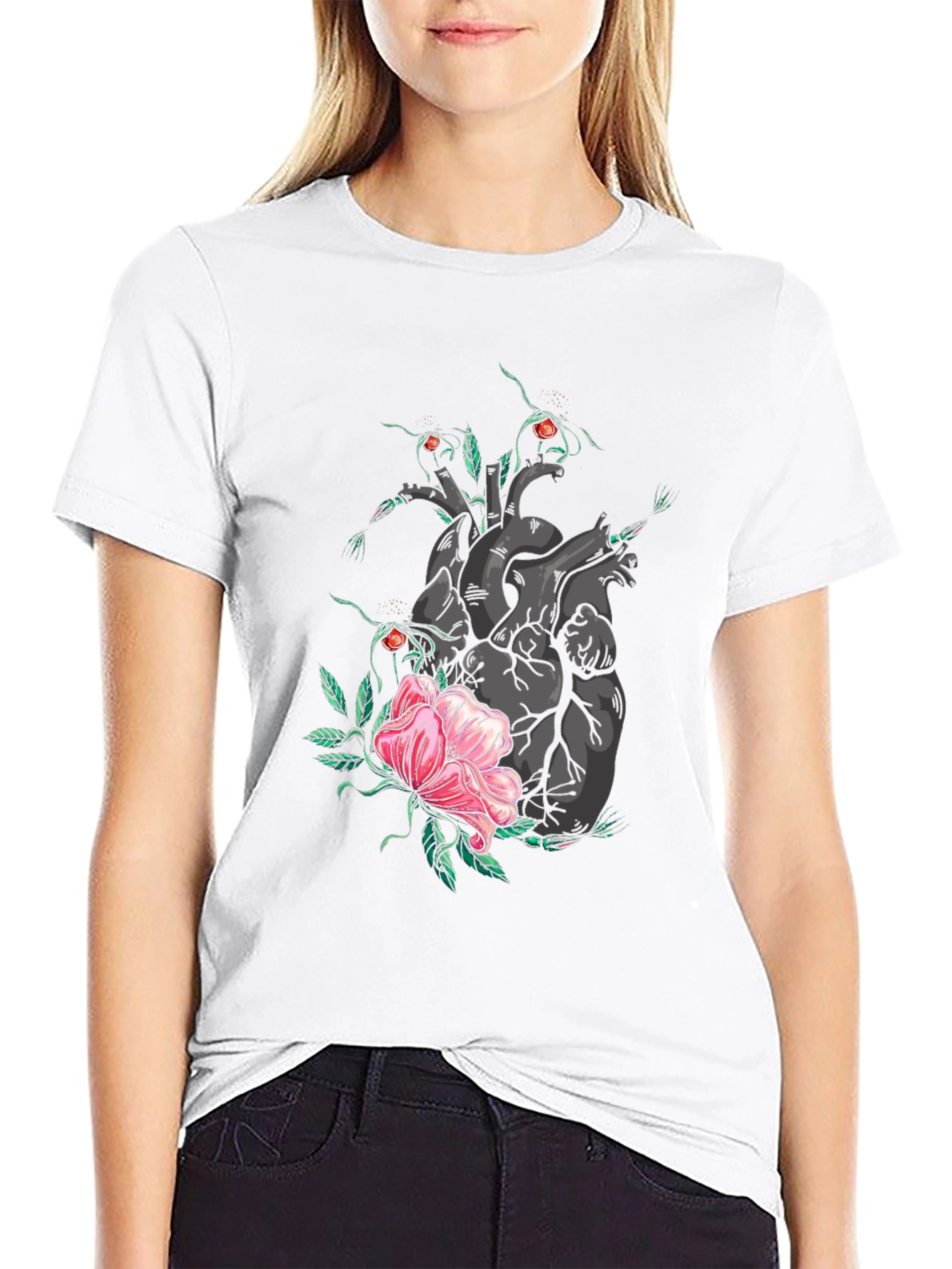 Heart & Flower Graphic T-Shirt - Black