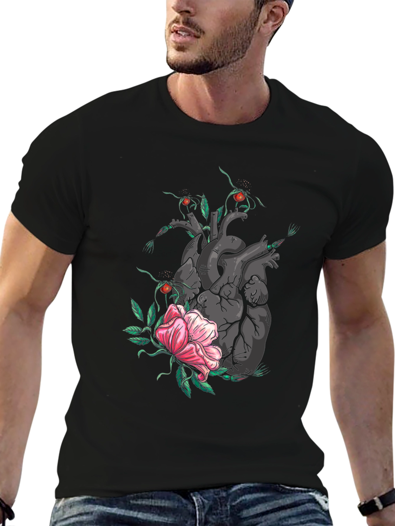 Heart & Flower Graphic T-Shirt - Black