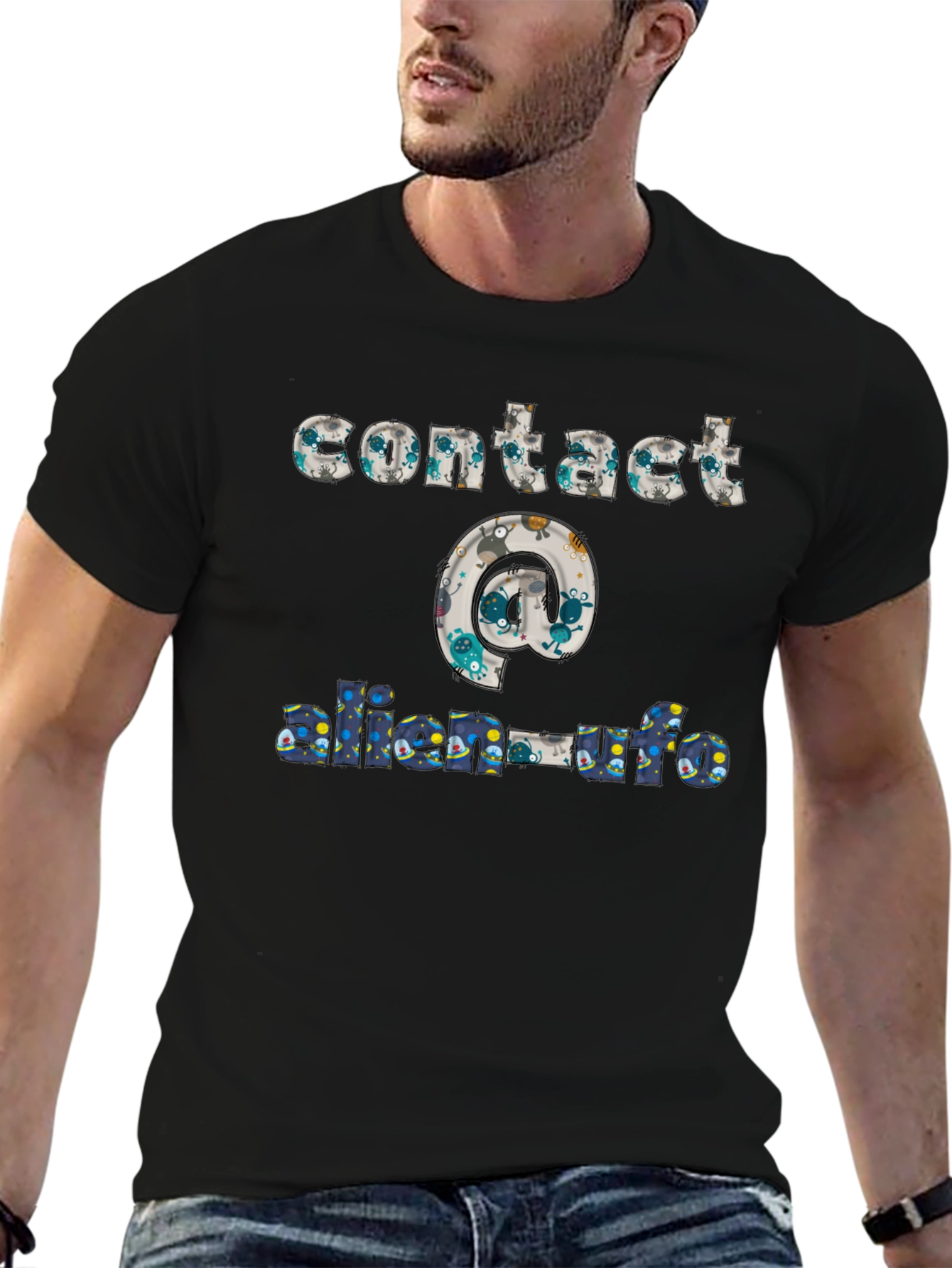 Contact Alien UFO T-Shirt Black Cotton