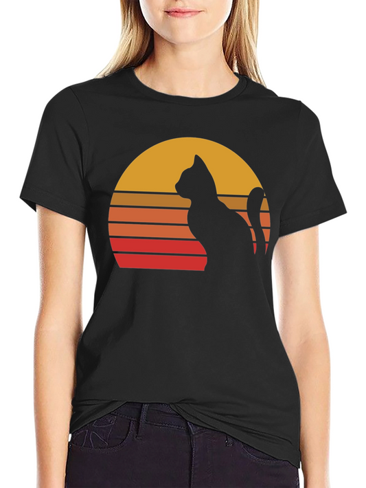 Retro Cat Sunset Graphic Tee - Black Cotton Blend Shirt