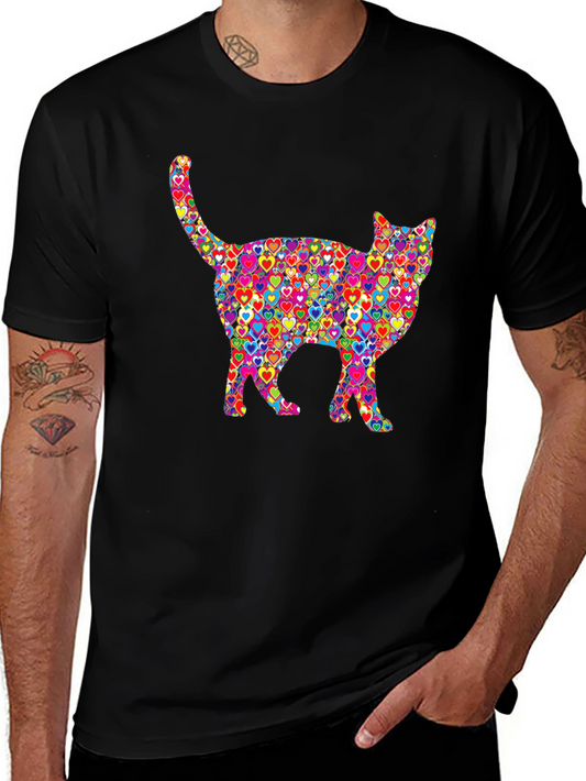 Colorful Heart Cat Graphic T-Shirt