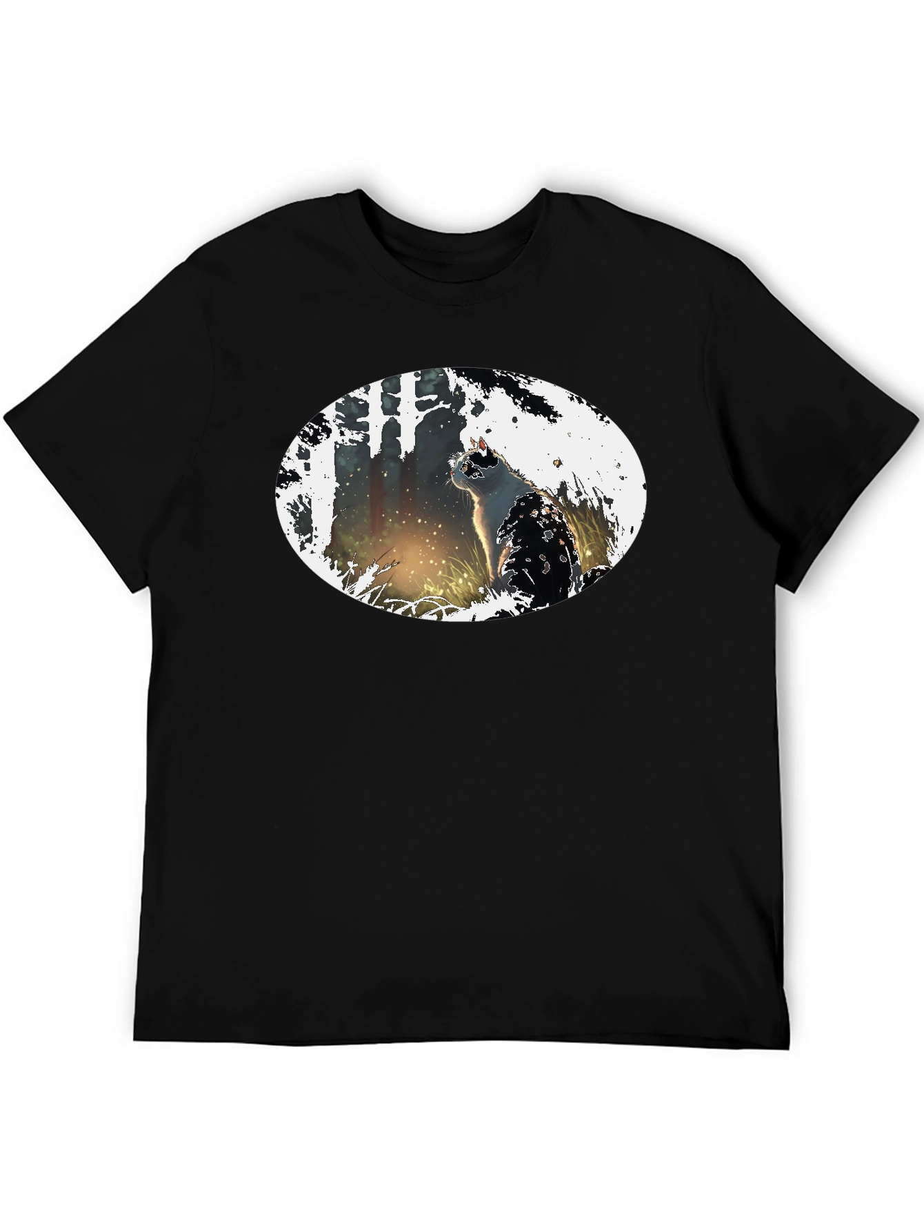 Cat in the Woods Black T-Shirt
