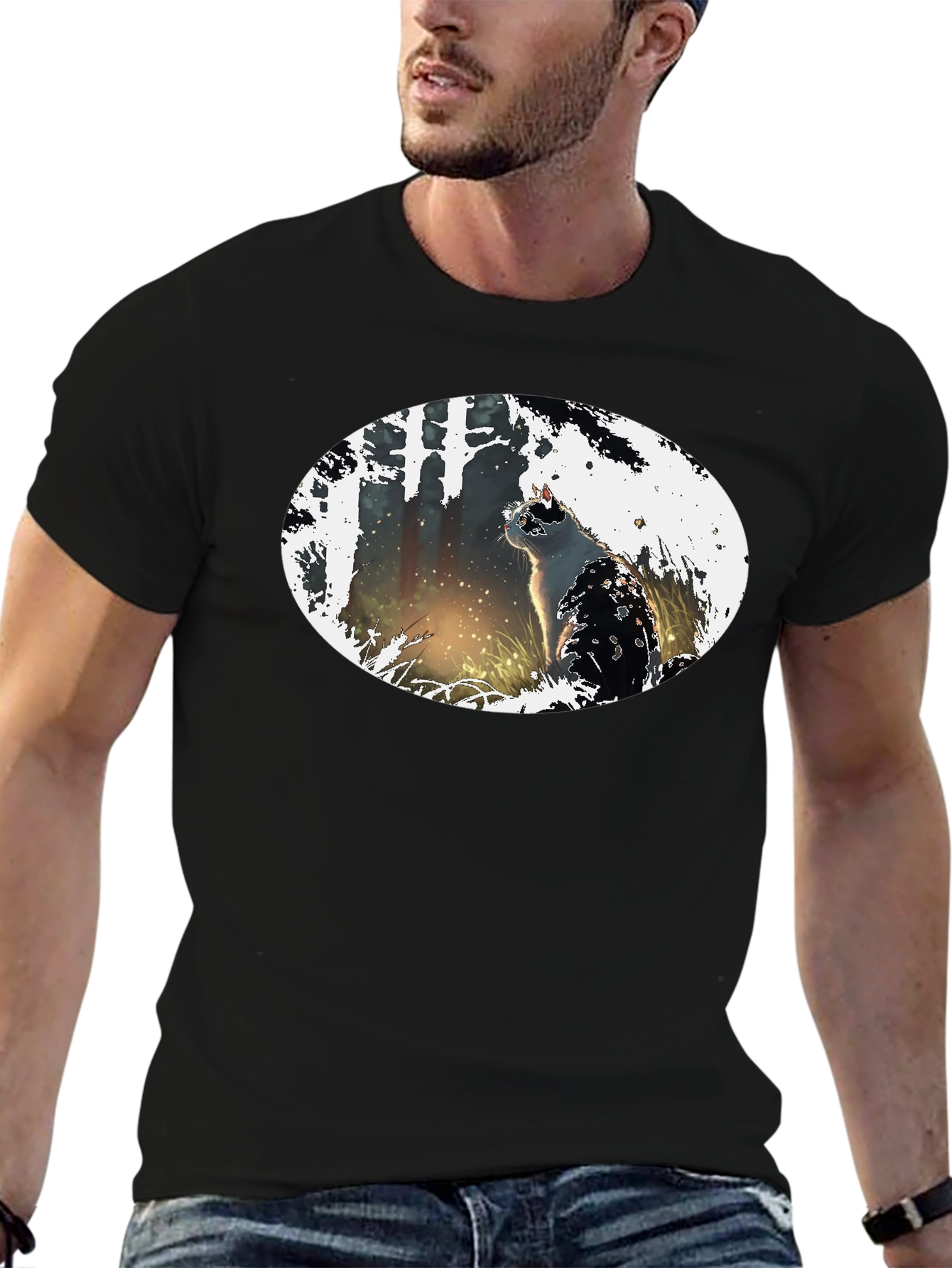 Cat in the Woods Black T-Shirt