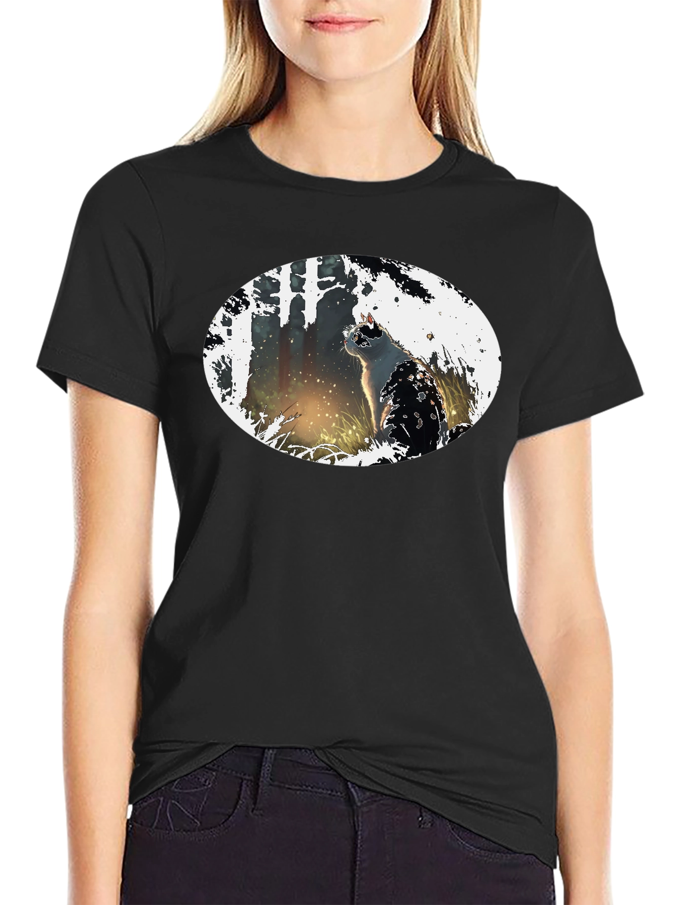 Cat in the Woods Black T-Shirt