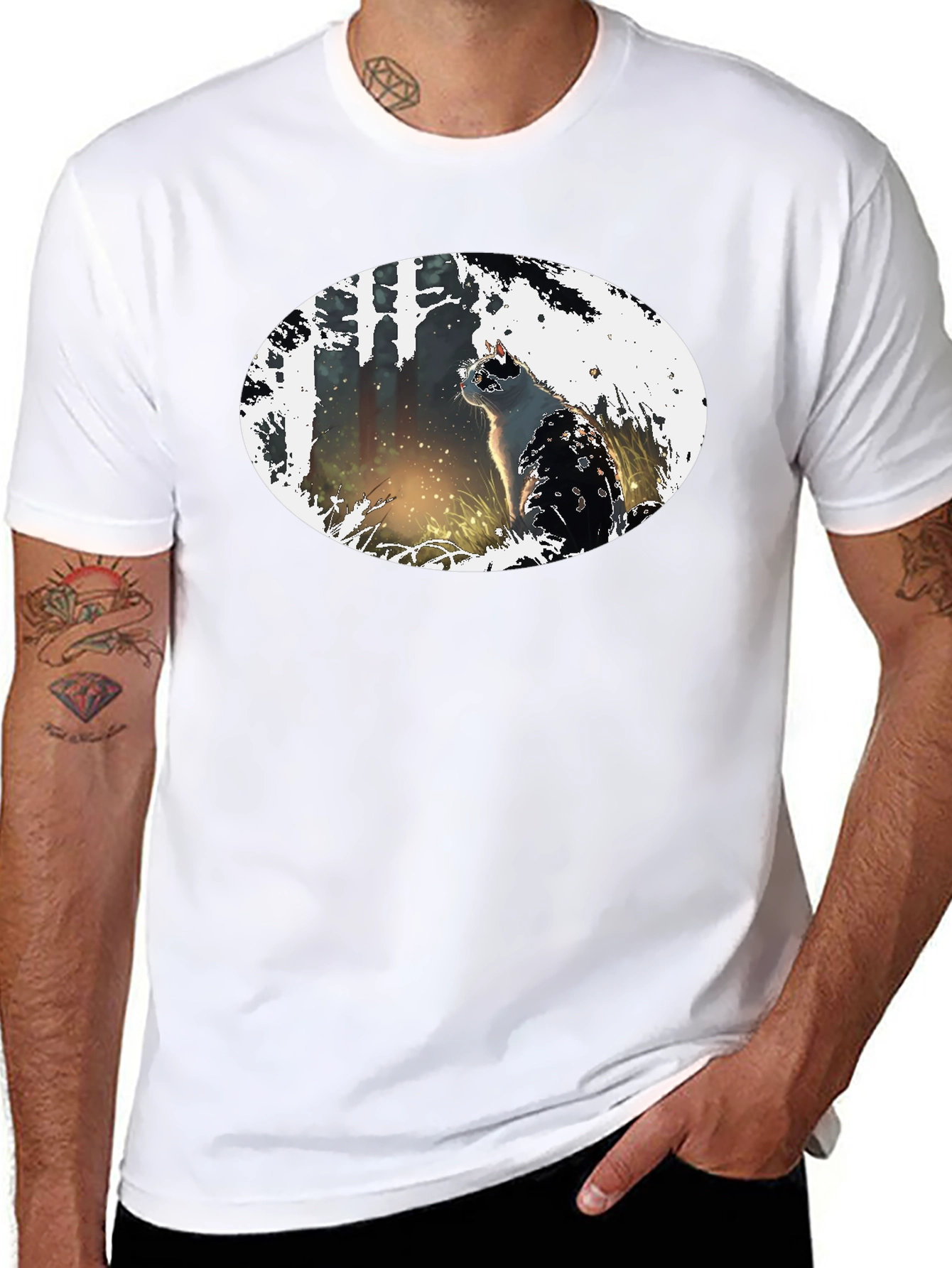 Cat in the Woods Black T-Shirt