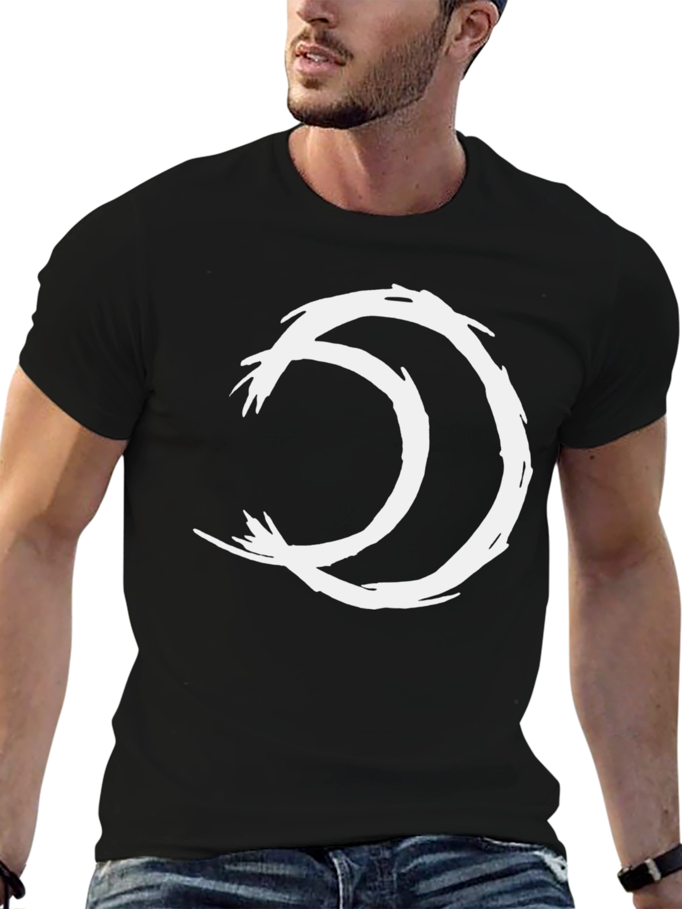 Abstract Moon Graphic Tee - Black Cotton Casual Shirt