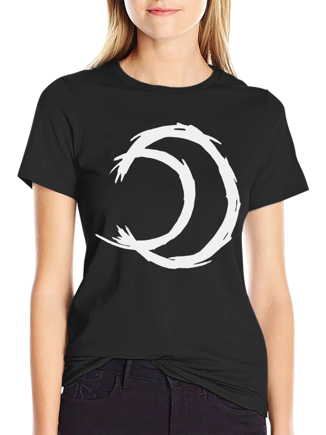 Abstract Moon Graphic Tee - Black Cotton Casual Shirt