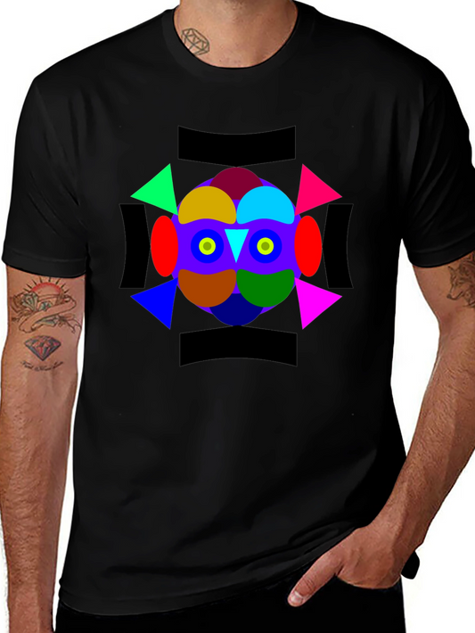 Abstract Geometric Owl Graphic Tee - Black