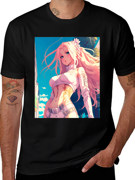 Anime Girl Graphic Tee - Black Cotton T-Shirt