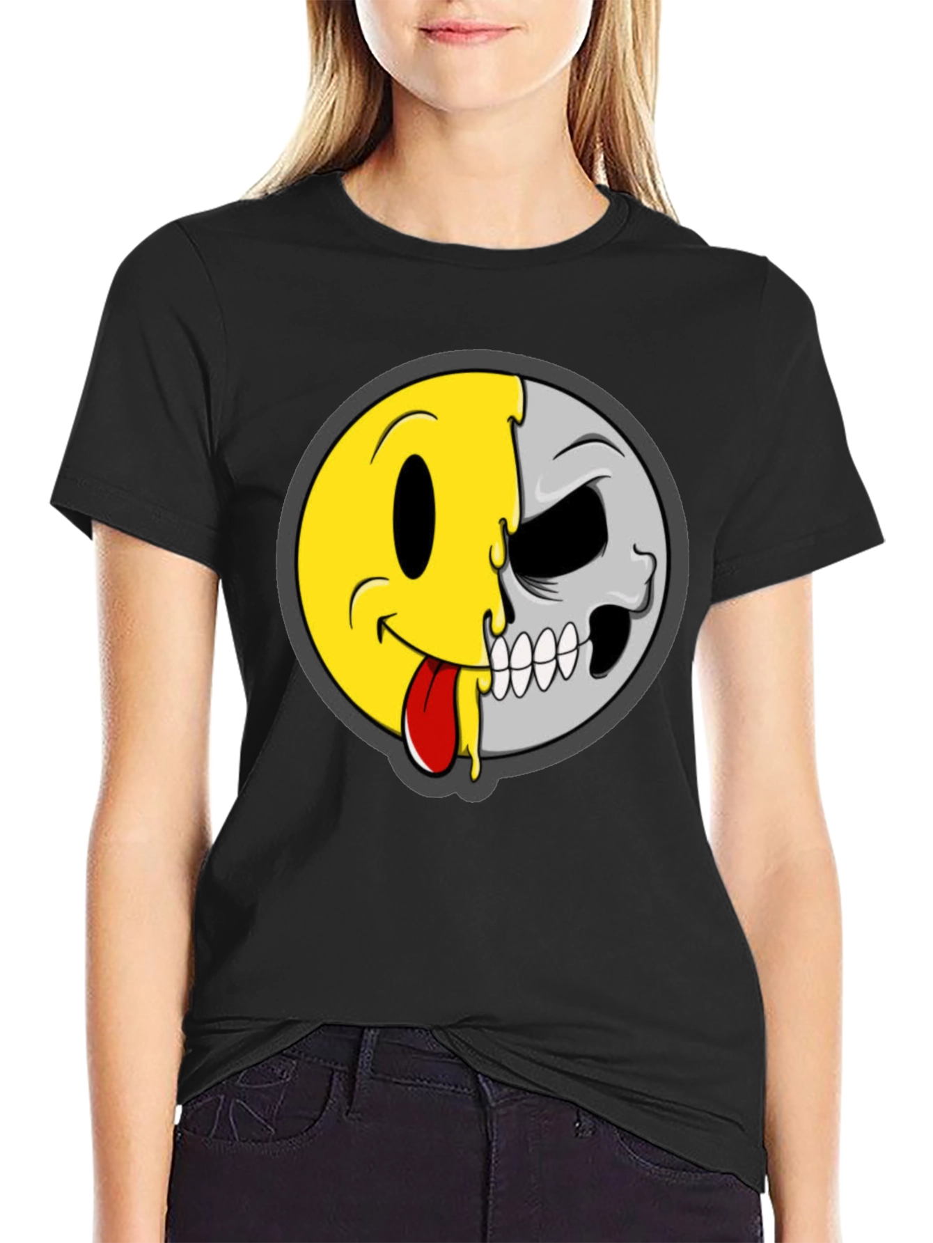 Smiley Face/Skull Graphic Tee - Black Cotton Shirt