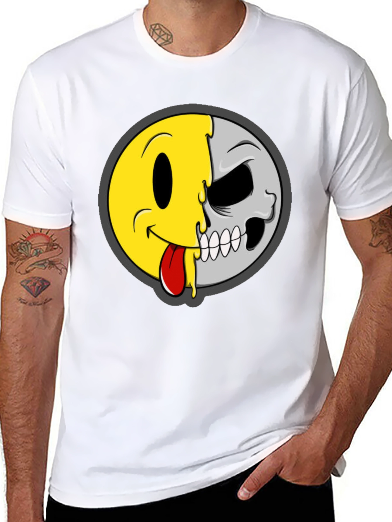 Smiley Face/Skull Graphic Tee - Black Cotton Shirt