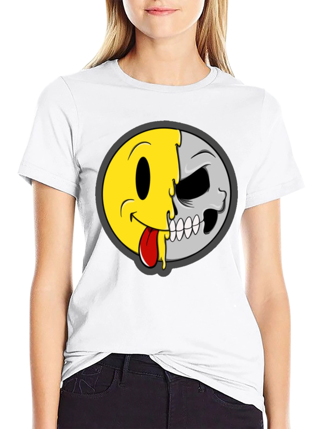 Smiley Face/Skull Graphic Tee - Black Cotton Shirt