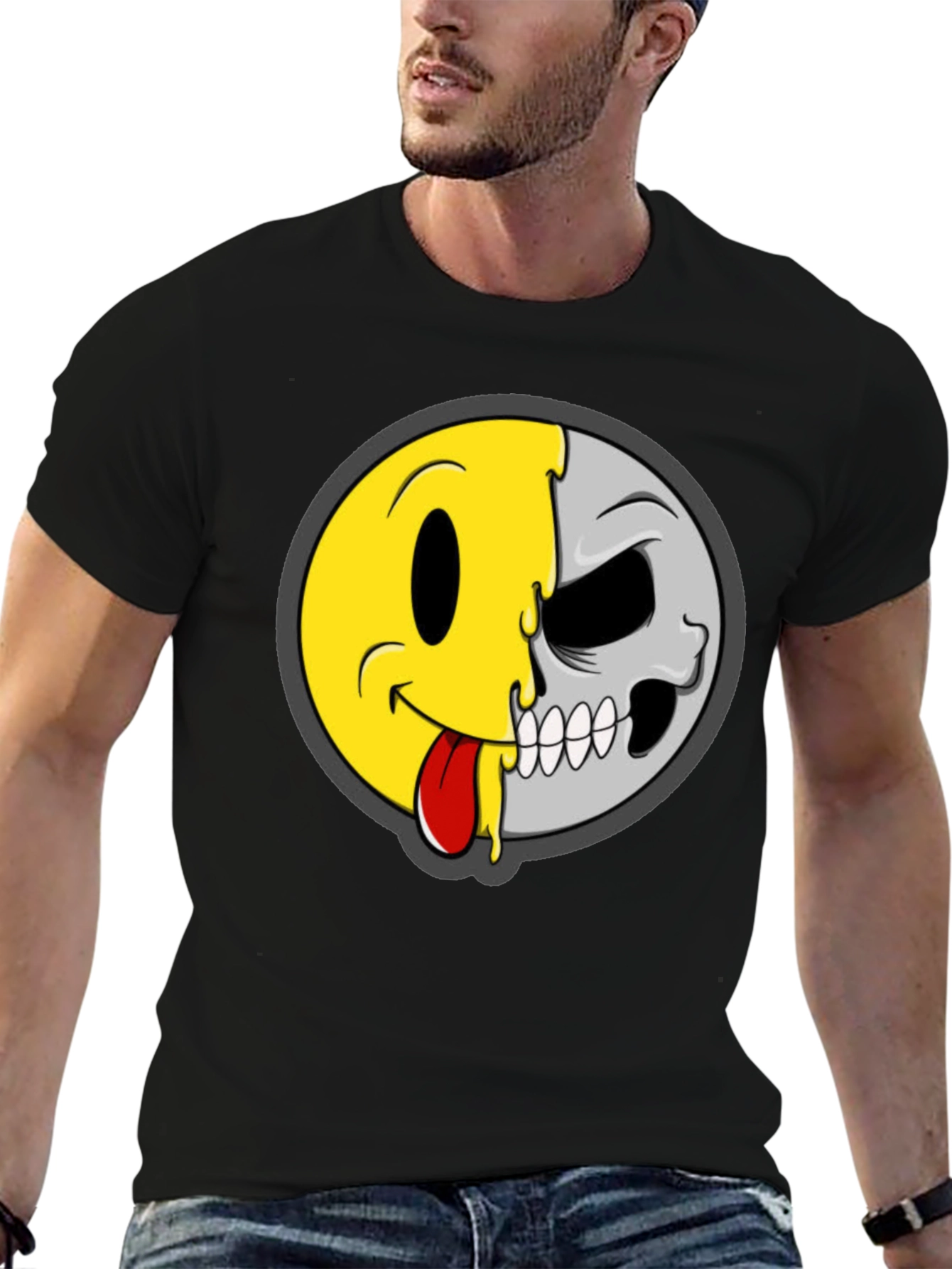 Smiley Face/Skull Graphic Tee - Black Cotton Shirt