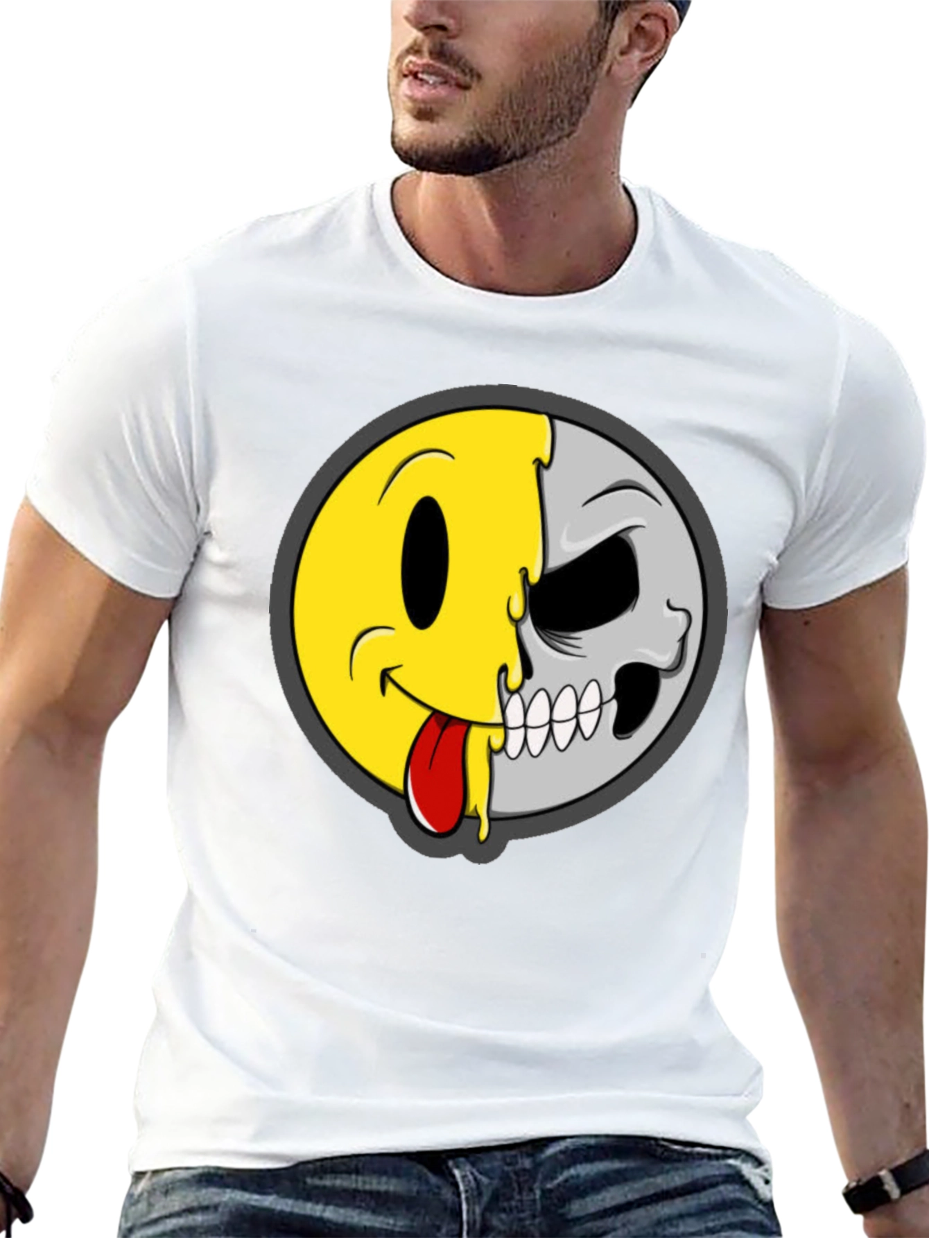 Smiley Face/Skull Graphic Tee - Black Cotton Shirt