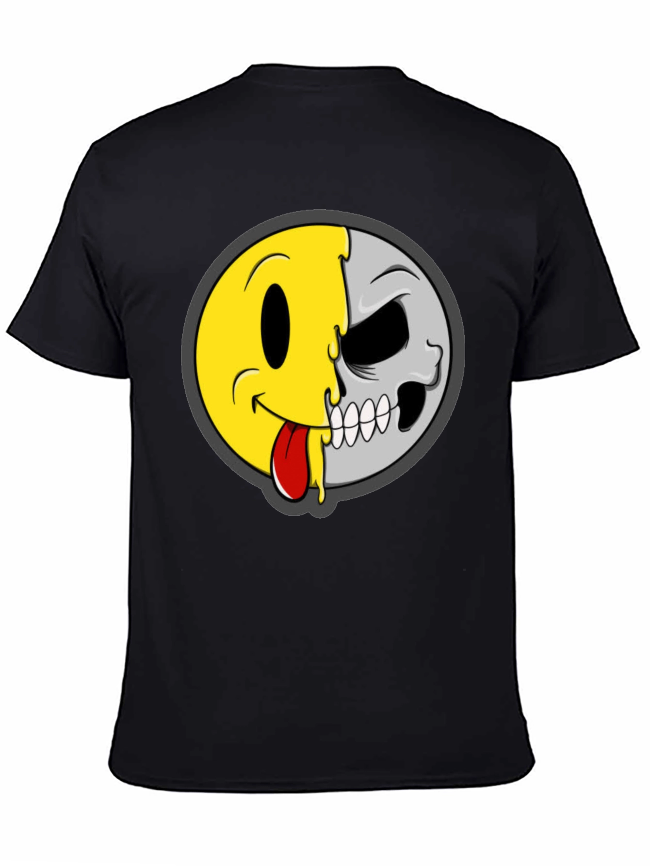 Smiley Face/Skull Graphic Tee - Black Cotton Shirt