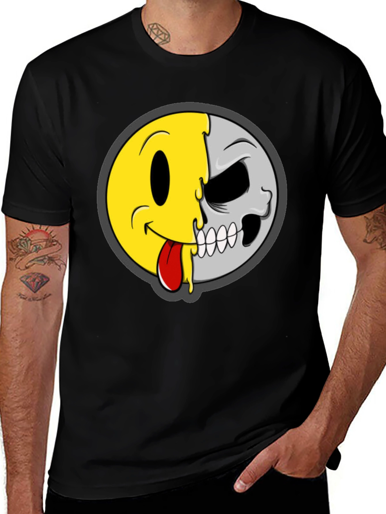 Smiley Face/Skull Graphic Tee - Black Cotton Shirt