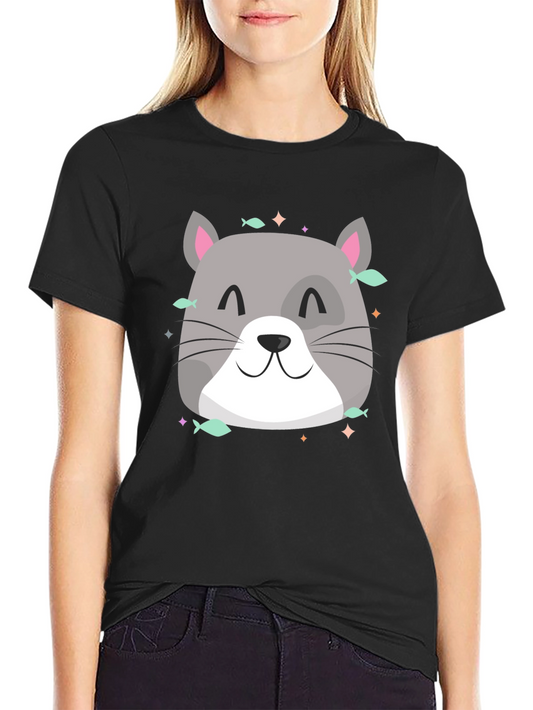 Cute Cat T-Shirt: Whimsical Gray Kitty with Fish Accent