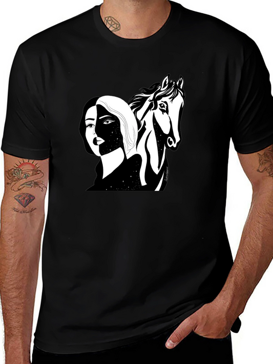 Black Graphic Tee - Woman & Horse Print