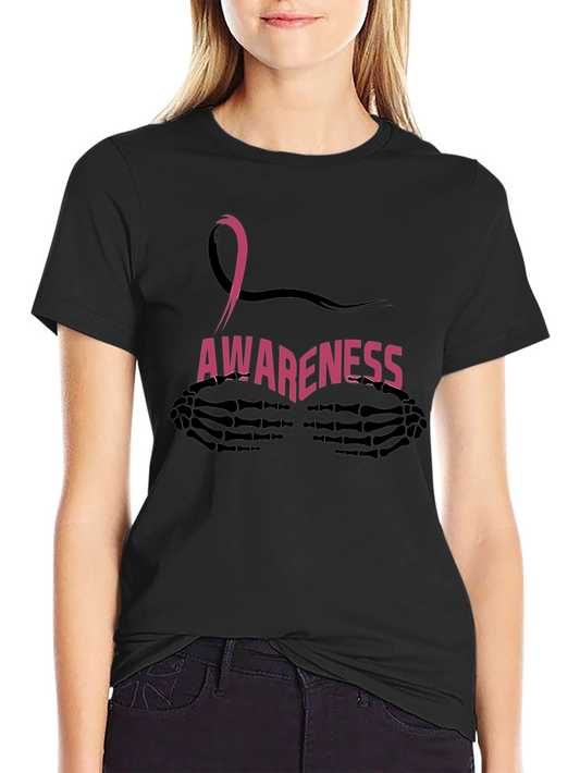 Breast Cancer Awareness T-Shirt with Ribbon & Skeleton Hands