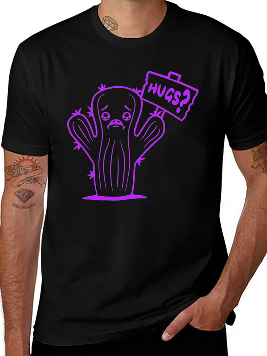 Sad Cactus Hugs Graphic Tee - Black Cotton T-Shirt