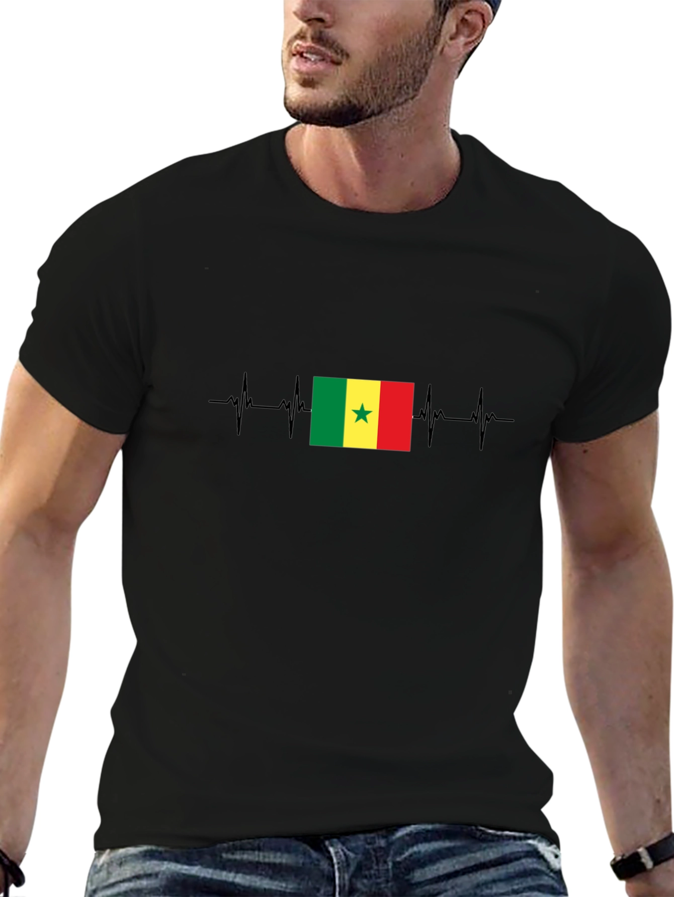 Senegal Flag Heartbeat T-Shirt - Black