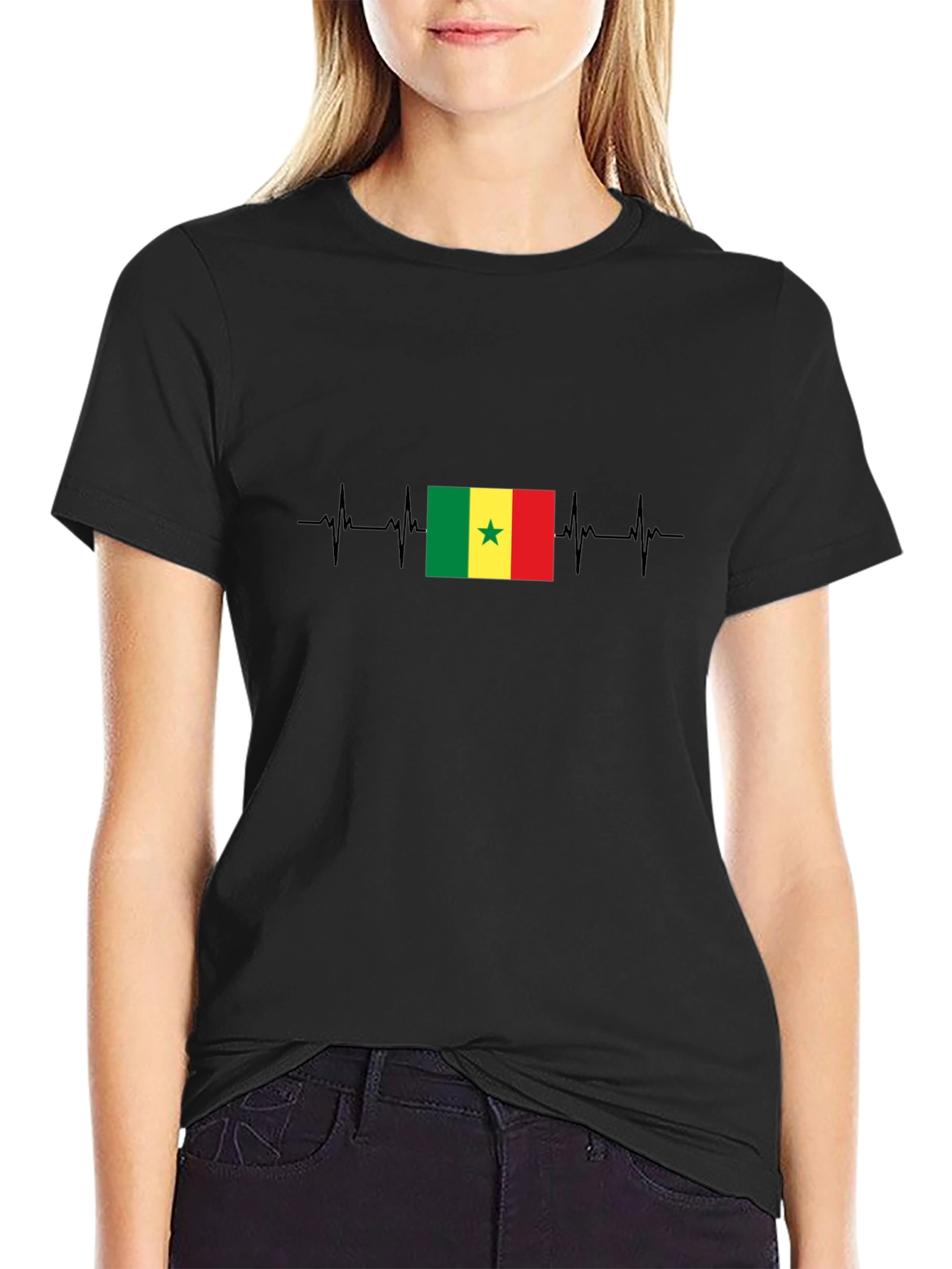 Senegal Flag Heartbeat T-Shirt - Black
